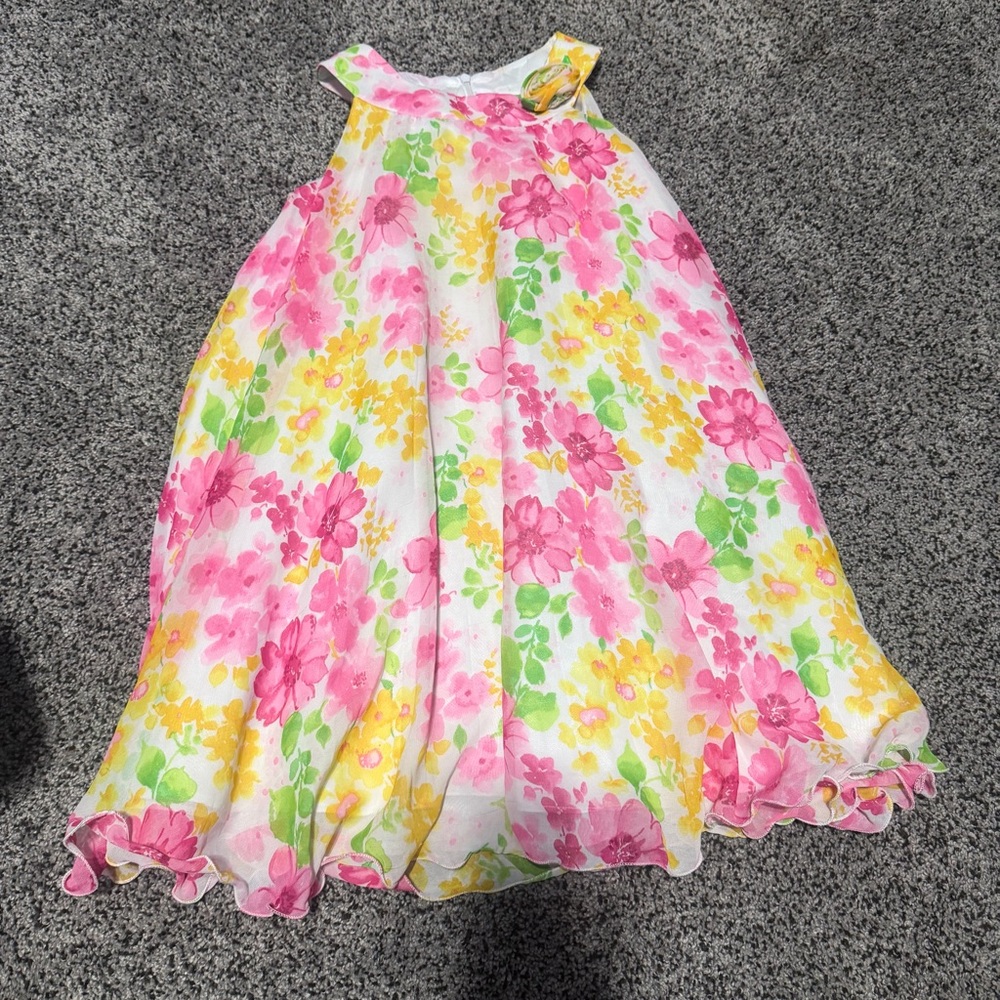 American Princess Dress Kids 6 White Pink Floral Sleeveless Excellent Chiffon